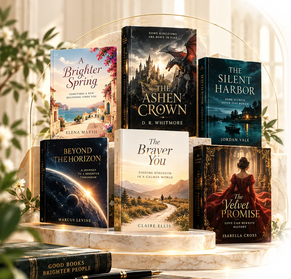 Illustration of six books on a sunlit marble display, framed by a golden arch and greenery