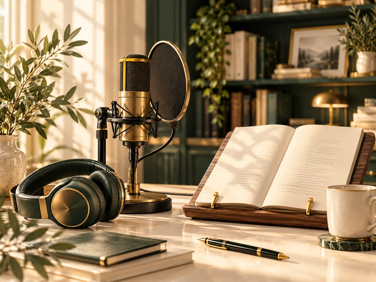 Decorative audiobook services workspace in ivory, forest green, and gold