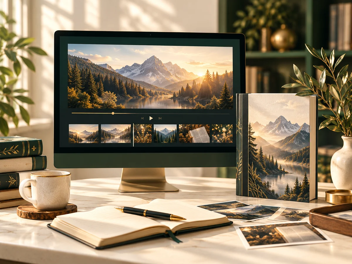 Decorative book video trailers workspace in ivory, forest green, and gold