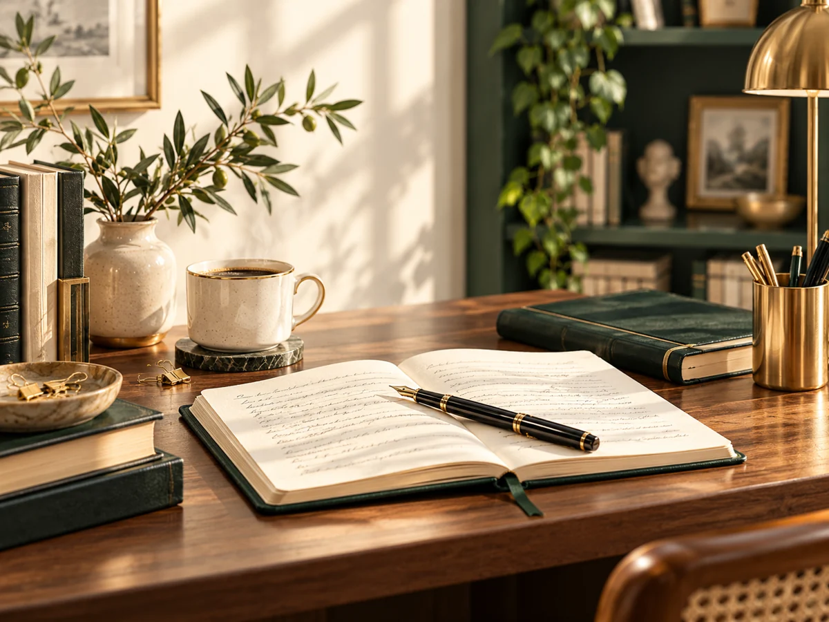 An open manuscript and fountain pen on a warm wooden desk, surrounded by books and olive branches